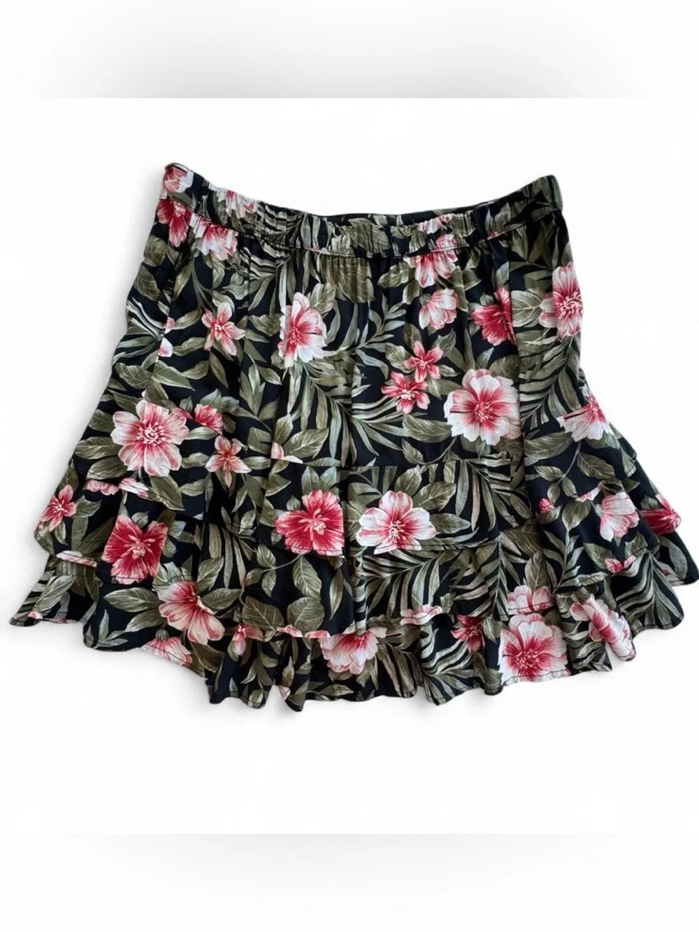 American Eagle Pleated Layered Tropical Floral Midi Skirt Women's Medium Boho